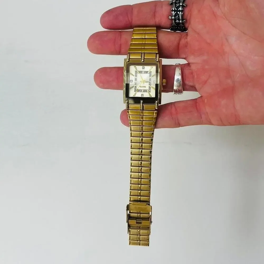 Y2K 2000s Gold Rectangle Quartz Watch Unisex Luxury Style 8.5” New